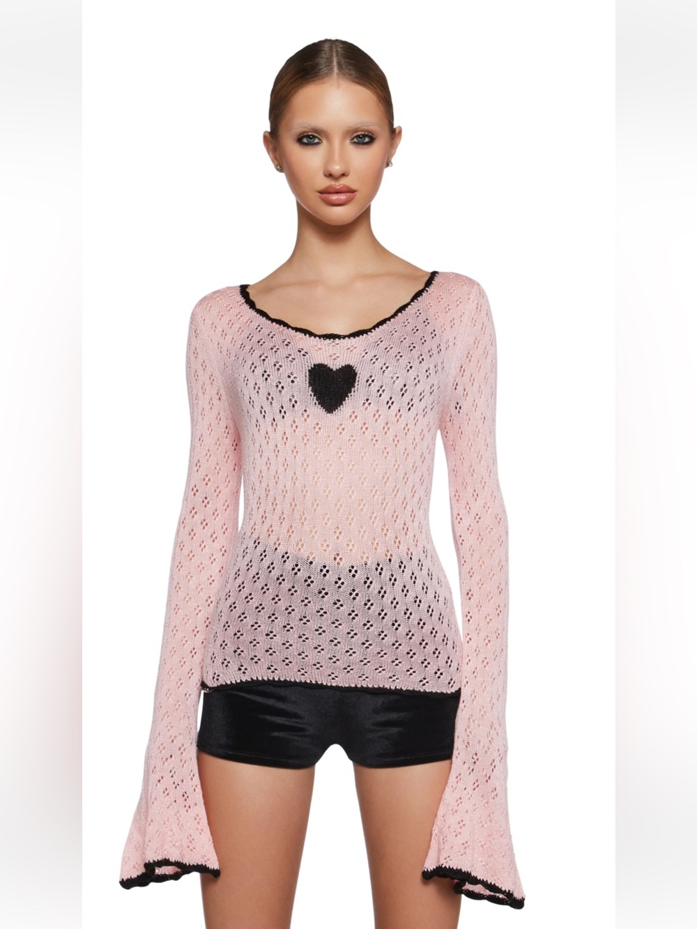 Sexy Sugar Thrillz Pink Eyelet Knit Top with Black Scalloped Trim